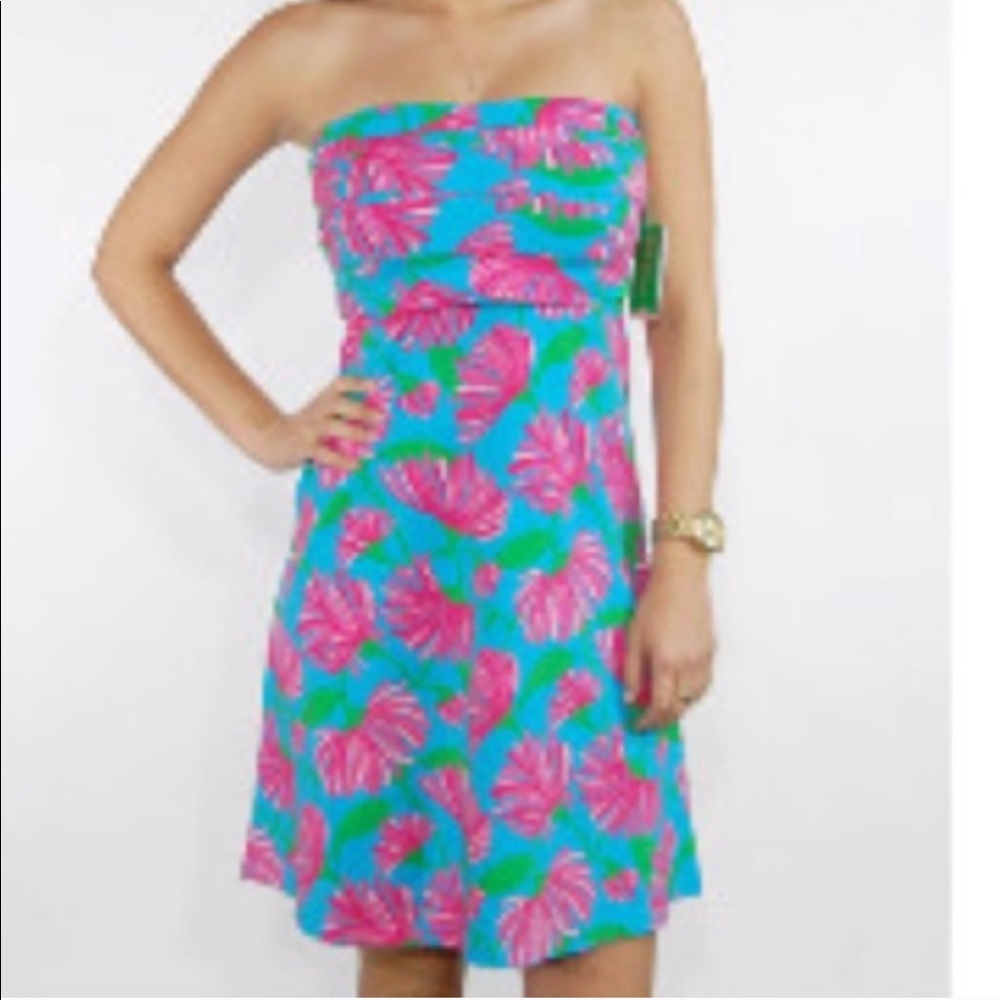Strapless Floral Summer Dress in Turquoise and Pink - Picture 1 of 8